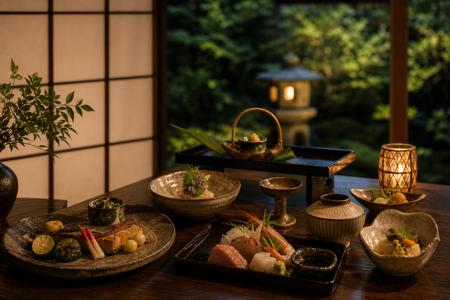 庭を望む個室で供される会席料理
